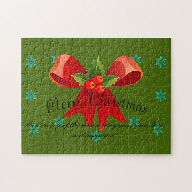 Puzzle Feliz navidad Red Bow Holly y Snowflakes (Horizontal)