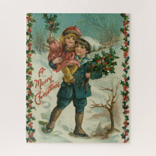 Puzzle Feliz Navidad - tarjeta postal retro, niños, acebo