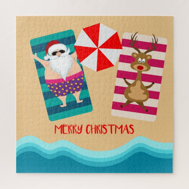 Puzzle Feliz Navidad Tropical Beach Santa Reindeer (Vertical)