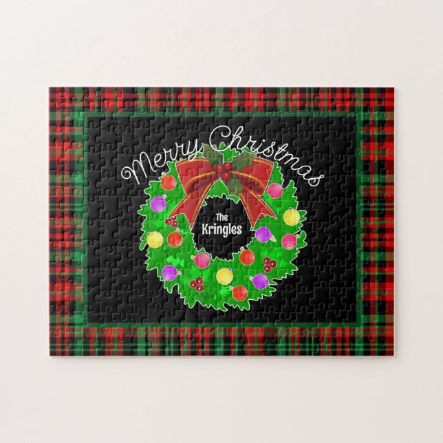 Puzzle Feliz Navidad Wreath personalizada Red Green Plaid (Horizontal)