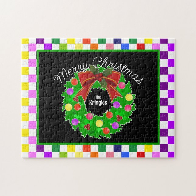 Puzzle Feliz Navidad Wreath personalizado colorido (Horizontal)