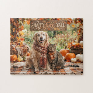 Puzzle Feliz Otoño a Todos Perro Golden Retriever y Gato