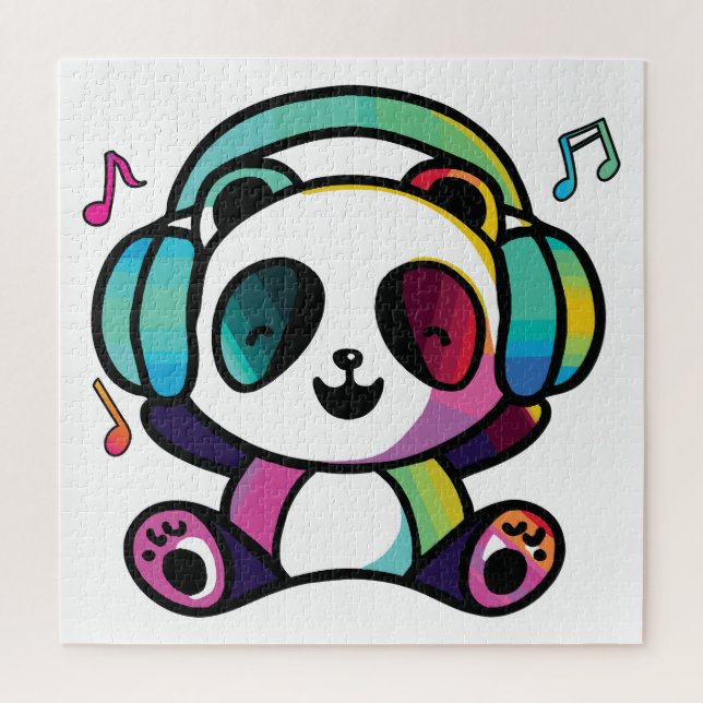 Puzzle Feliz Panda con auriculares escuchando música. (Vertical)