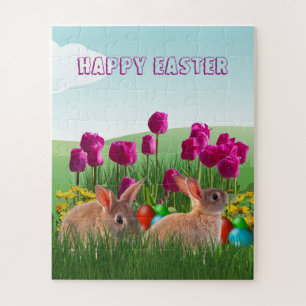 Puzzle Feliz Pascua Conejo Lindo Tulipanes y Huevos de Co