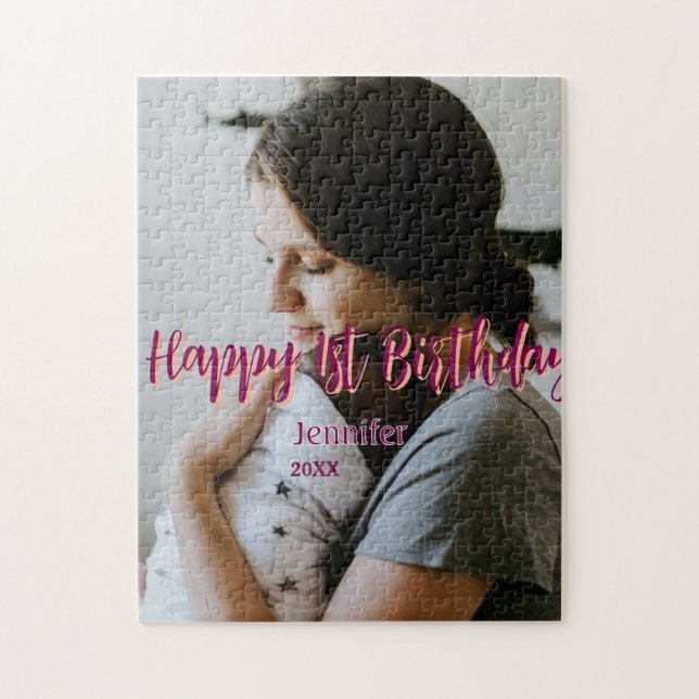 Puzzle Feliz primer cumpleaños niños bebé madre naranja r (Vertical)