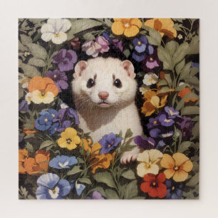Puzzle Ferret Cute Enclavado En El Jardín Pansies