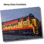 Puzzle Ferrocarril del motor de locomotora Chessie Diesel<br><div class="desc">Naranja amarillo Chessie Diesel Loco rompecabezas del tren - ver mi tienda para más grandes regalos de tren</div>