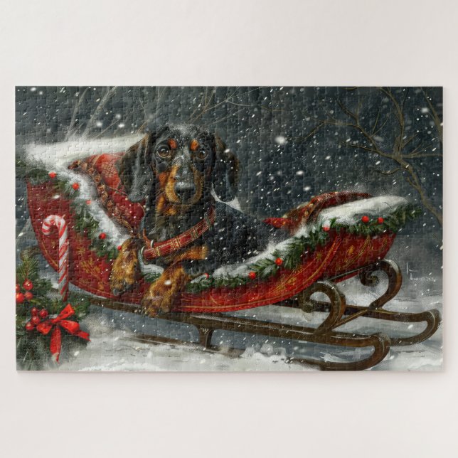 Puzzle Festividad de los Navidades de perro de Dachshund (Horizontal)