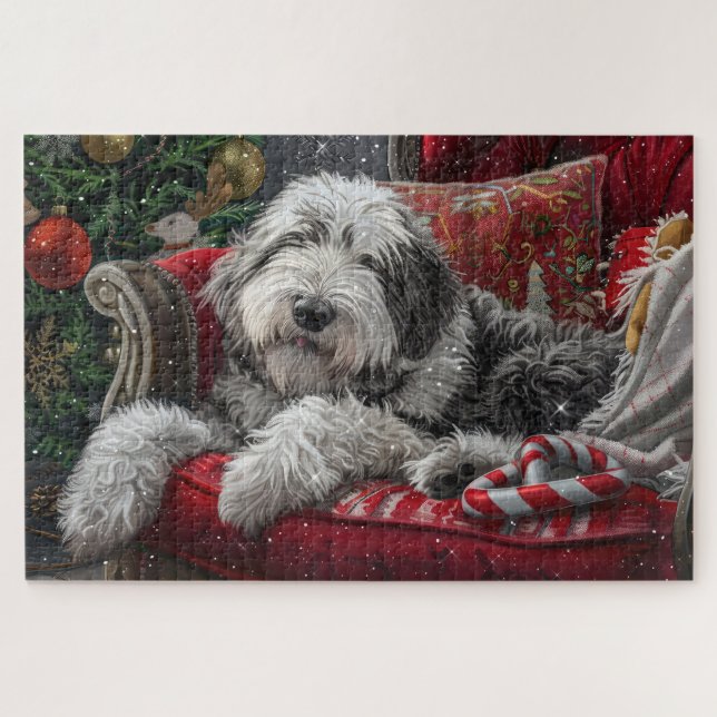 Puzzle Festividad de Navidades de Sheepdog ingleses viejo (Horizontal)