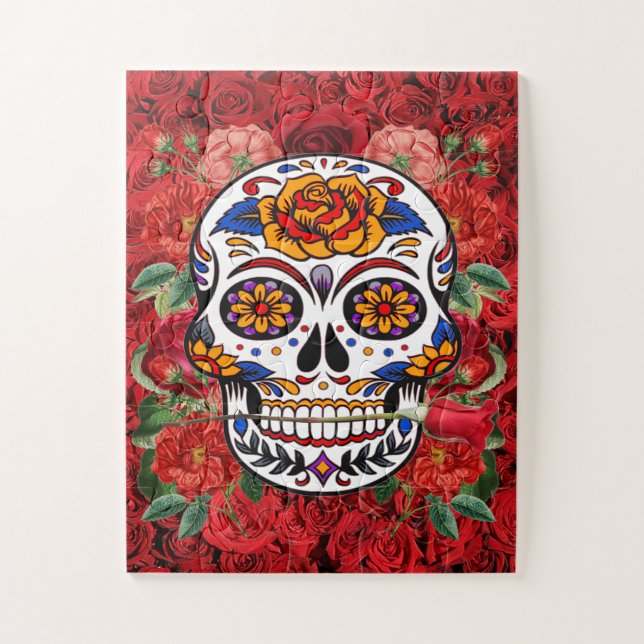 Puzzle Festividades de rosas rojas rosadas de cráneo azuc (Vertical)
