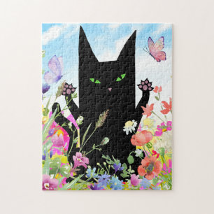 Puzzle Fiebre primaveral del gato negro: gatito y flores
