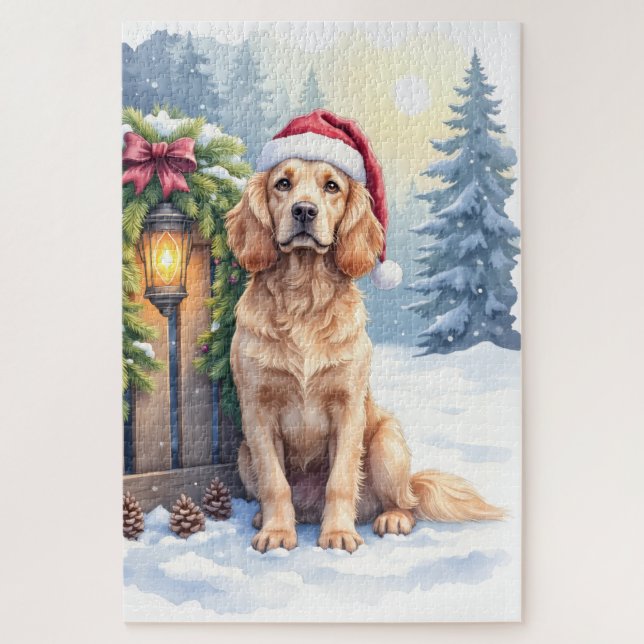 Puzzle Field Spaniel Snowy Fence Santa Hat Christmas Art (Vertical)