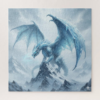Puzzle Fiero Dragón de Hielo Azul en una Cima de Montaña