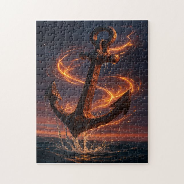 Puzzle Fiery Rustic Anchor – Nautical Fantasy Wall Art (Vertical)