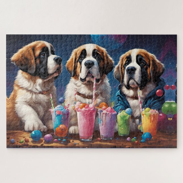 Puzzle Fiesta de cachorros de St Bernard y batidos de lec (Horizontal)