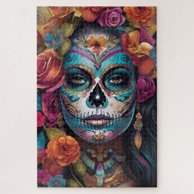 Puzzle Fiesta floral: mujer abraza el Día de los Muertos (Vertical)