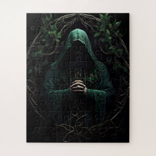 Puzzle Figura mística encapuchada en la oración verde