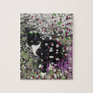 Puzzle Filas en flores I - Negro blanco Tuxedo Kitty