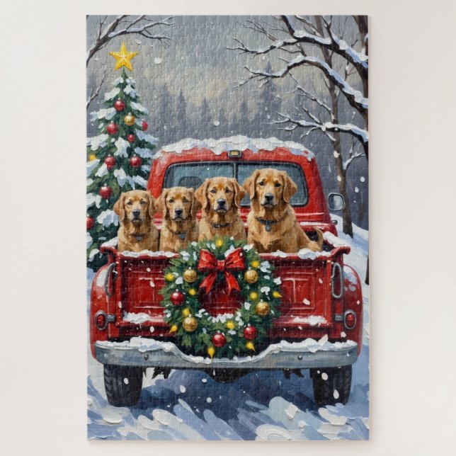 Puzzle Finnish Lapphund Christmas Red Truck Holiday (Vertical)
