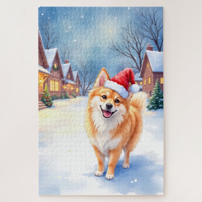 Puzzle Finnish Lapphund Snowy Village Santa Hat Christmas (Vertical)