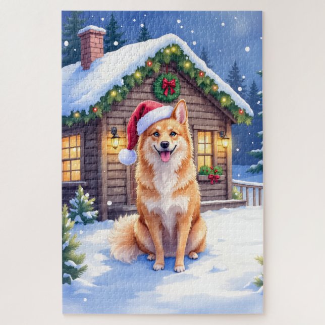 Puzzle Finnish Spitz Snowy Cabin Santa Hat Christmas Art (Vertical)