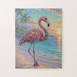Puzzle Flamenco Glam de Tonos Intensos en Playa Tropical