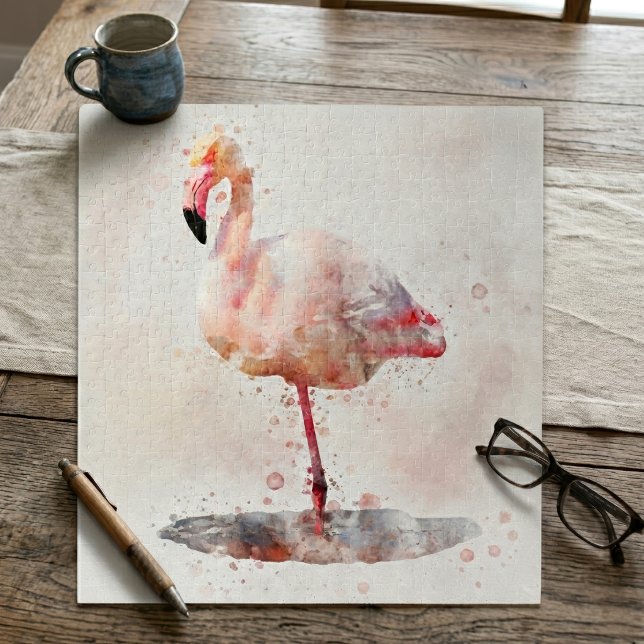 Puzzle Flamenco Rosa Elegante de pie en Acuarela (Elegant Pink Flamingo standing in Watercolor. Jigsaw Puzzle)