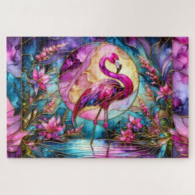 Puzzle Flamenco Rosa Mosaico de Vidrio Emplomado (Horizontal)