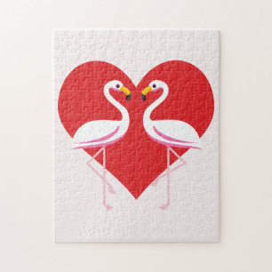 Puzzle Flamencos blancos rosados con corazón rojo