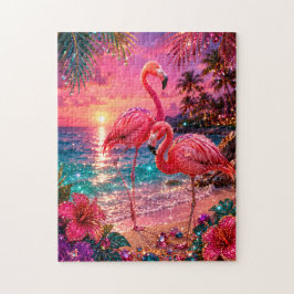 Puzzle Flamencos rosados en una playa tropical de tonos j