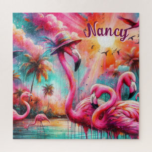 Puzzle Flamencos rosados tropicales palmeras personalizad