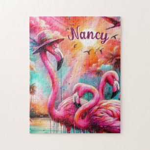 Puzzle Flamencos rosados tropicales palmeras personalizad