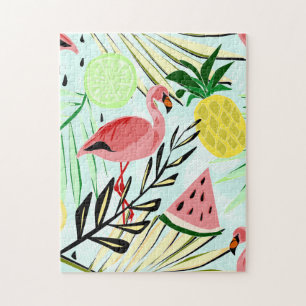 Puzzle Flamencos rosados y fruta.