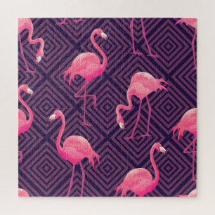 Puzzle Flamencos vintage, fondo geométrico púrpura.