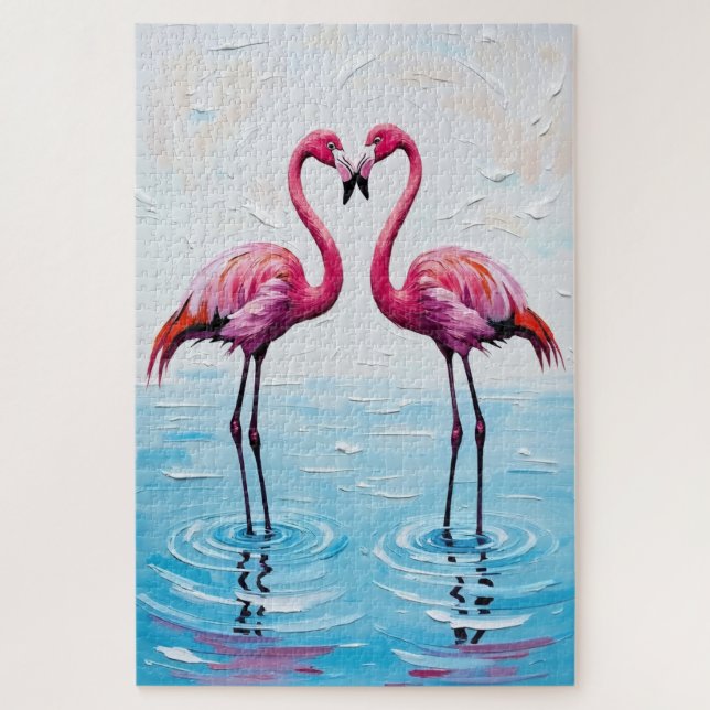 Puzzle Flamingo Birds Heart Silhouette Painting (Vertical)
