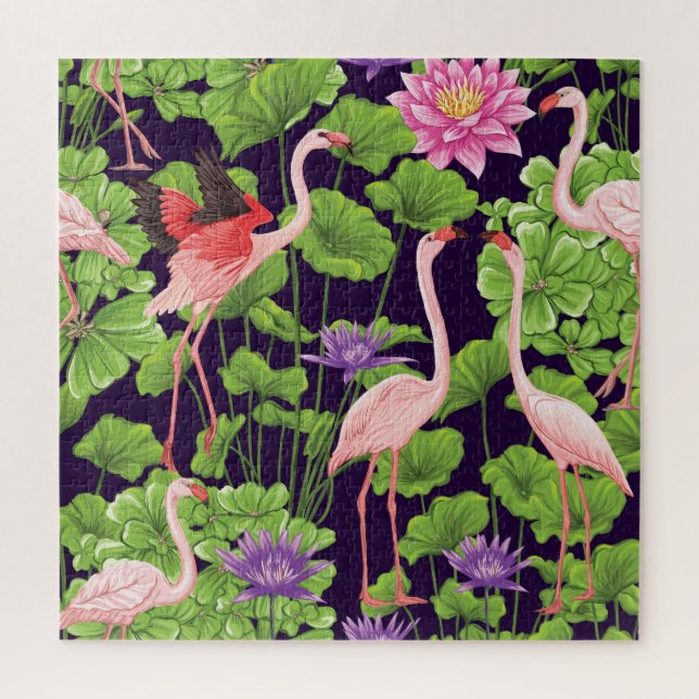 Puzzle Flamingo, plantas tropicales, fondo negro. (Vertical)