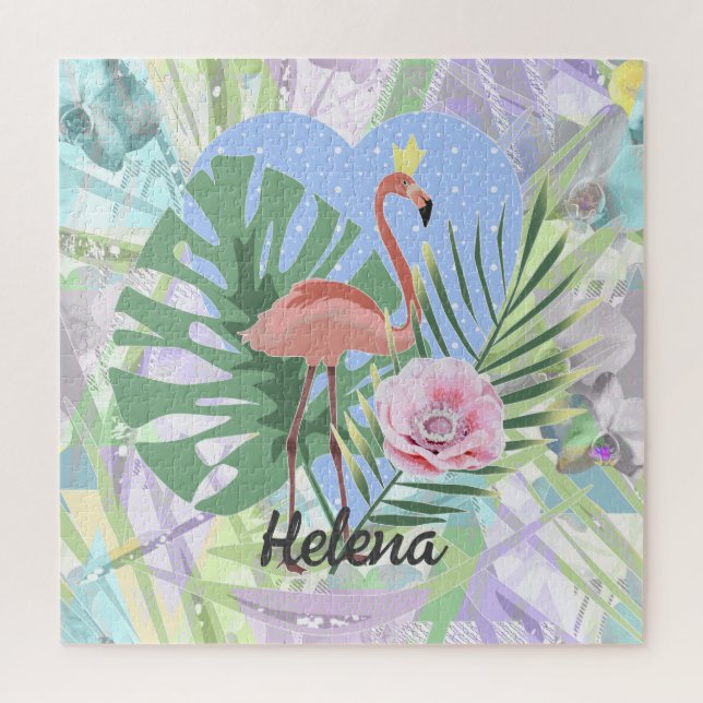 Puzzle Flamingo rosa hoja tropical palma monstera Jigsaw  (Vertical)