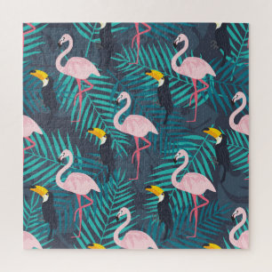Puzzle Flamingo, toucano: patrón de hojas tropicales