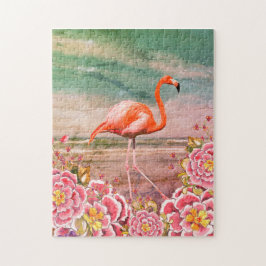 Puzzle Flamingo tropical en la playa con Collage de flore