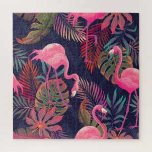Puzzle Flamingo tropical: patrón de palma vintage.