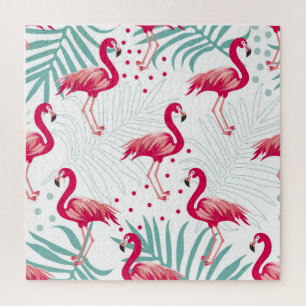 Puzzle Flamingo y hojas tropicales, patrón de verano.