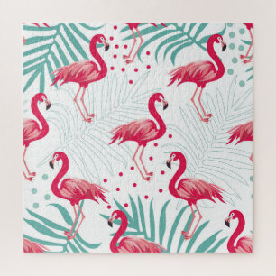 Puzzle Flamingo y hojas tropicales, patrón de verano.