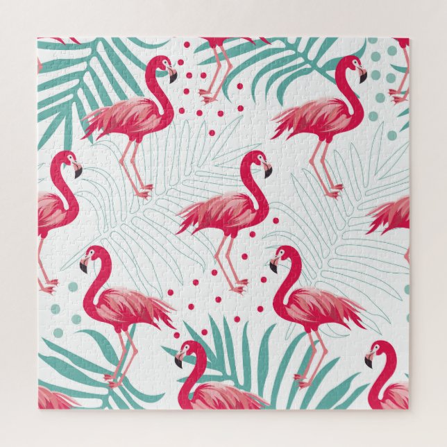 Puzzle Flamingo y hojas tropicales, patrón de verano. (Vertical)