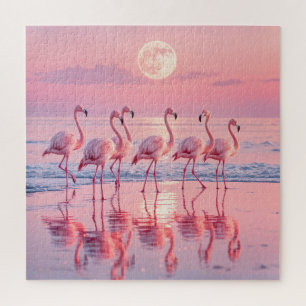 Puzzle Flamingos en una playa rosa