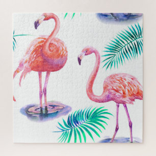 Puzzle Flamingos Tropicales: Orquídeas Acuarela Sin Marea