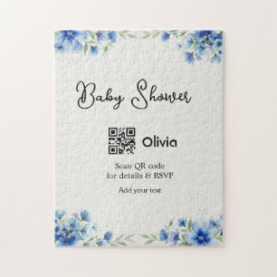 Puzzle flor de acuarela azul baby shower escanear código