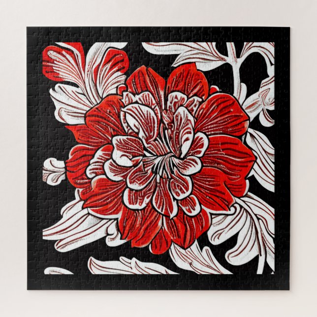 Puzzle Flor de Art Nouveau blanca y negra roja (Vertical)