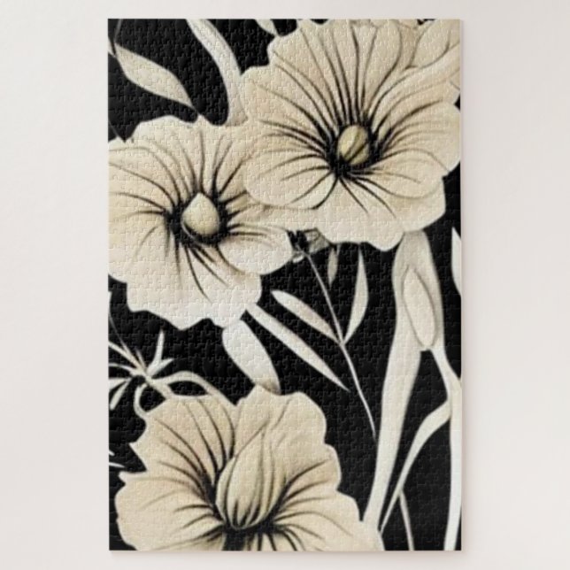 Puzzle Flor de época negra y arte beige (Vertical)