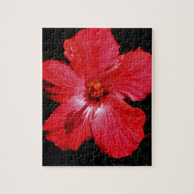 Puzzle Flor de Hibiscus rojo rosado caliente en negro (Vertical)