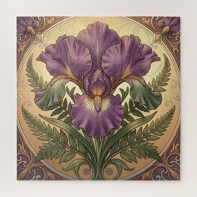 Puzzle Flor de Iris Morado Art Nouveau Marco Ornate (Vertical)